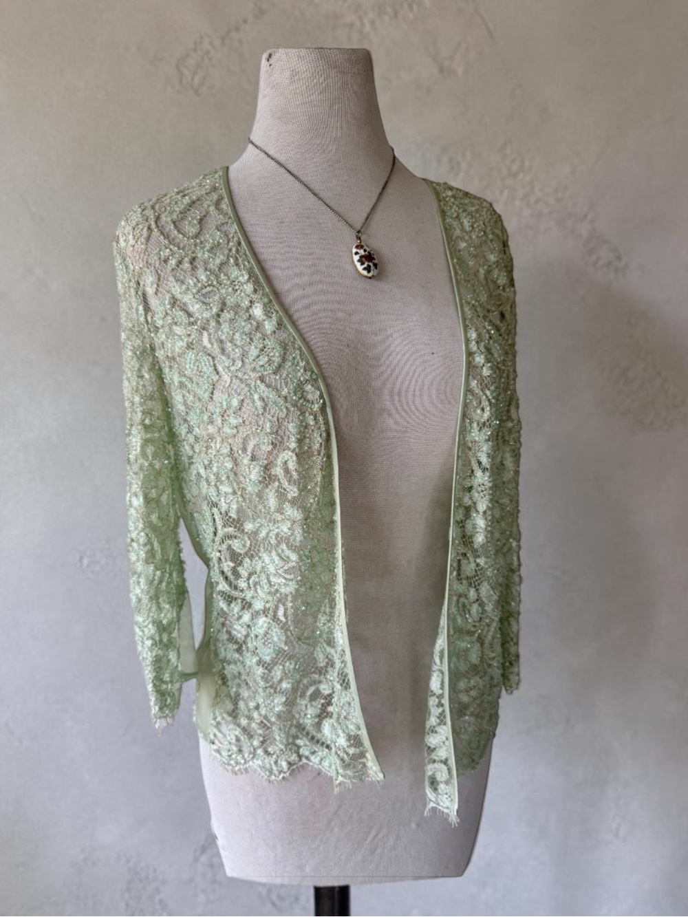 Vtg Beaded Mint Green Lace Cardigan Shrug Sz M Handmade Open 90s